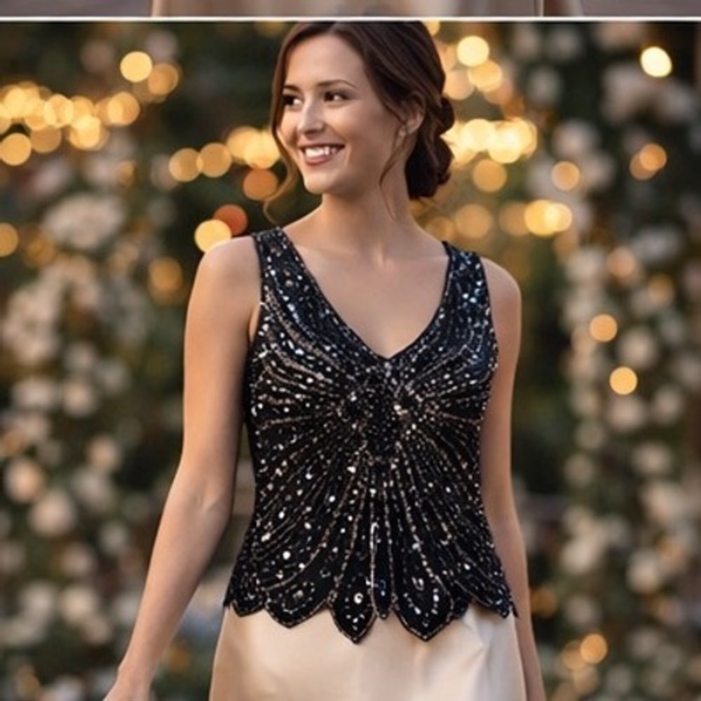90s Does‎ 20s Beaded Party Shell L Black Gunmetal Sequins Gatsby Cocktail Top